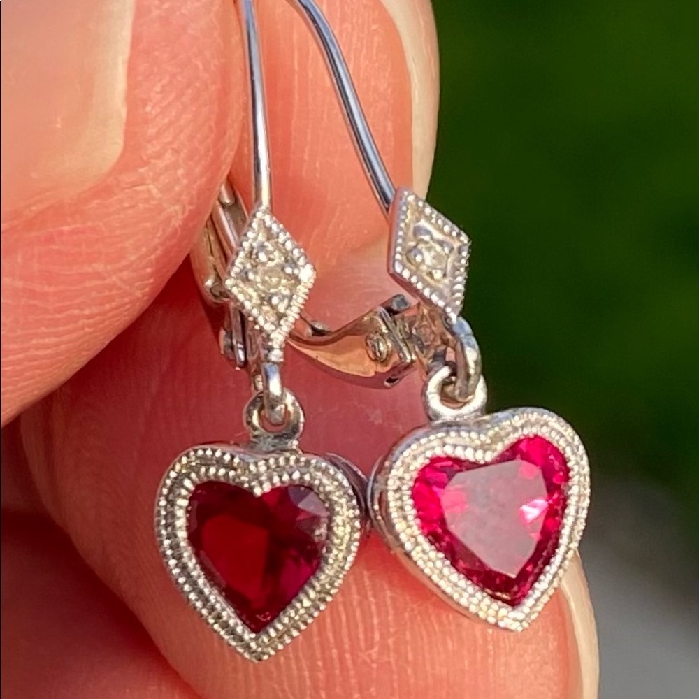 10K WHITE GOLD RUBY HEART AND DIAMOND DANGLE EARRINGS